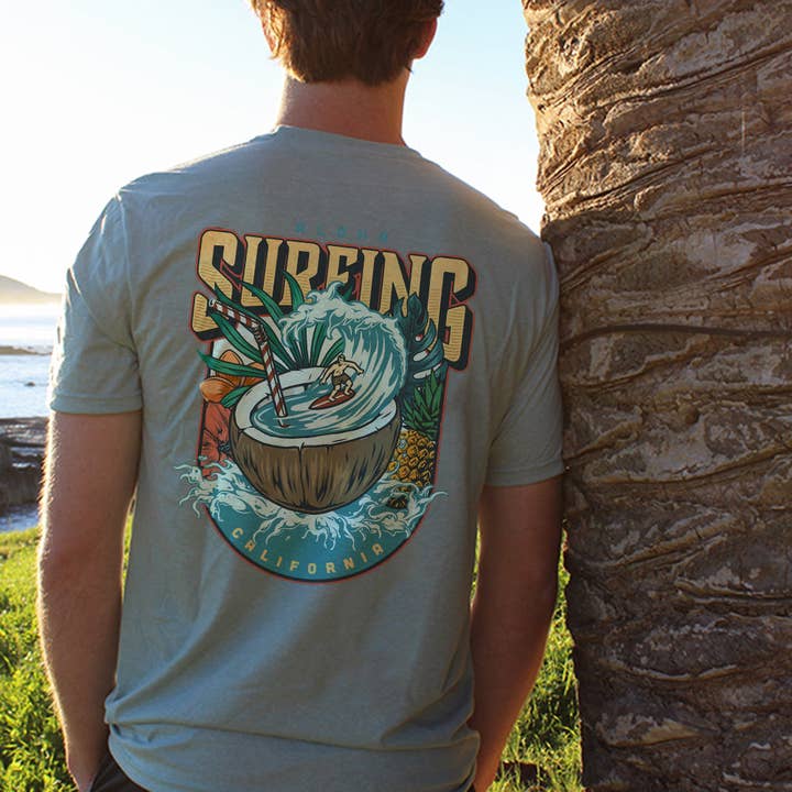 Light Green Summer Vibes Surfing Print Men's Short Sleeve T-Shirt for wholesale on Faire