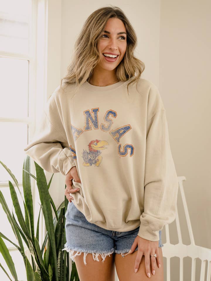 KU Kansas Jayhawks Mega Arch Sand Thrifted Sweatshirt for wholesale by LivyLu