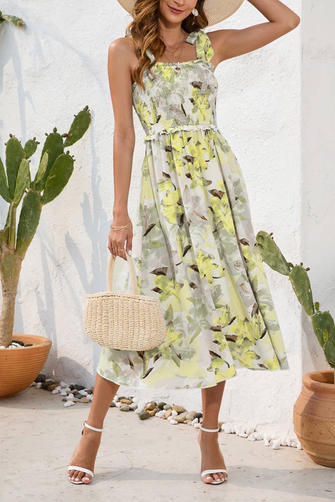 UNISHE - Wholesale Dress - Women's - Spaghetti Floral SLeeveless Smocked Dress AYY0256