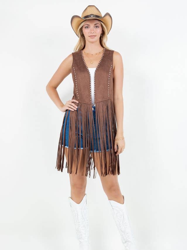 SIJ5225A CHOCOLAT STUDDED LONG FRINGE FAUX SUEDE VEST (Copy) for wholesale by Saints & Hearts