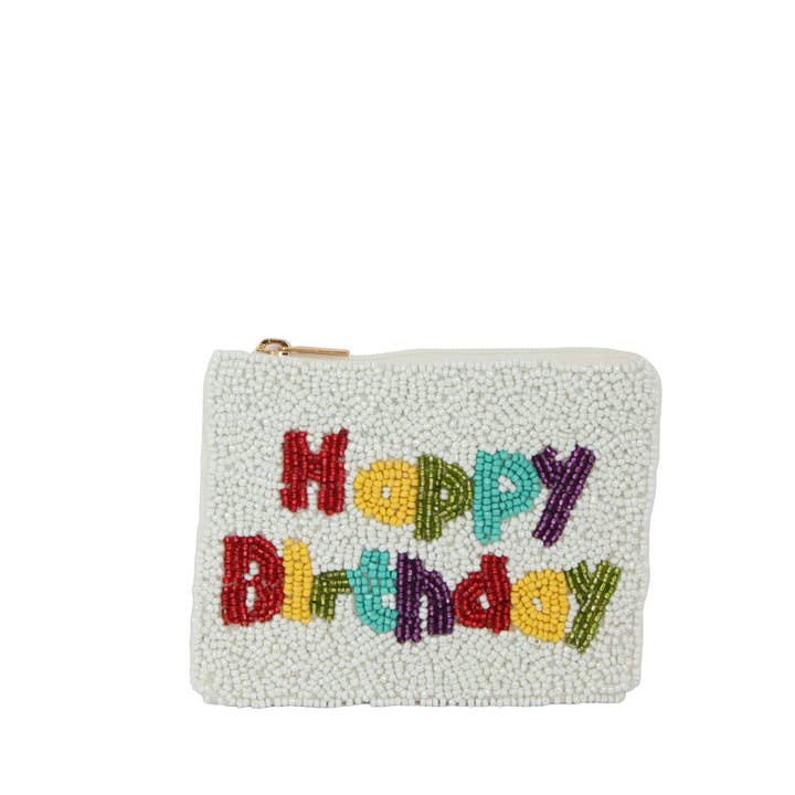 Ladies White Beaded HAPPY BIRTHDAY Coin Purse for wholesale by Nima Accessories Inc
