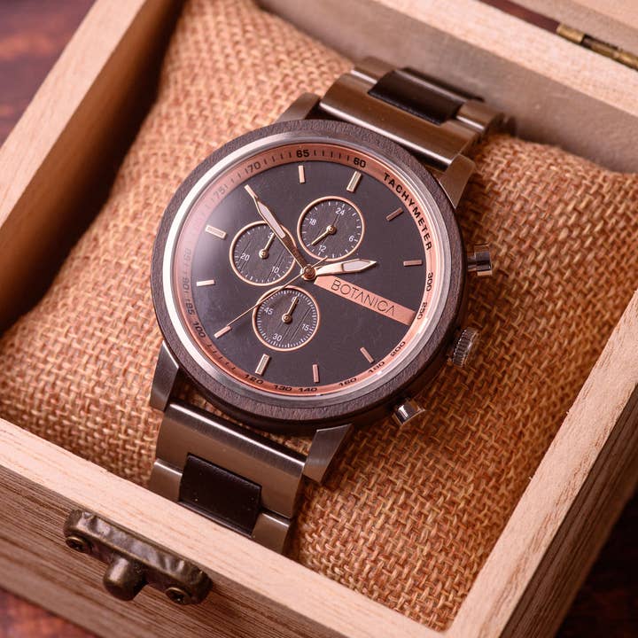 Montre Chronographe en Bois pour Homme Santal et Cadran Or Rose | Iris pour la vente par Bear Essentials