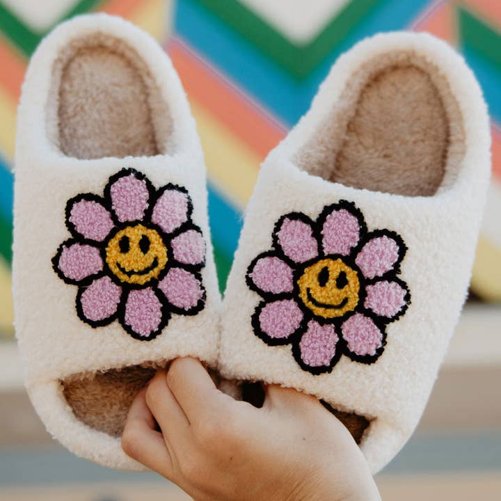 White Lavender Daisy Happy Face Open Toed Slippers for wholesale on Faire
