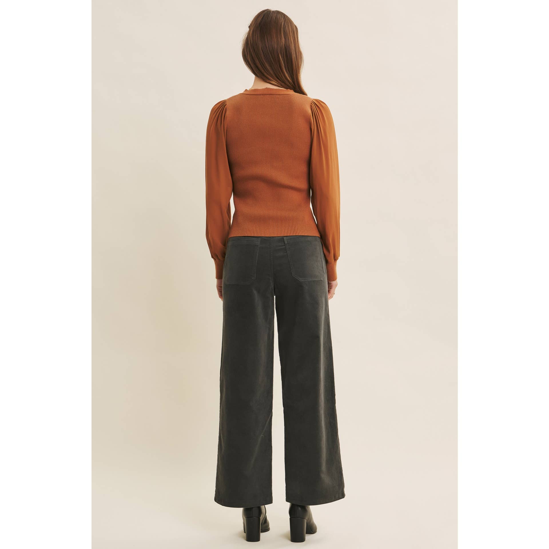 in february - Wholesale Cardigan - Women's - FITTED RIB SWEATER CARDIGAN WITH SHEER CHIFFON SLEEVES10