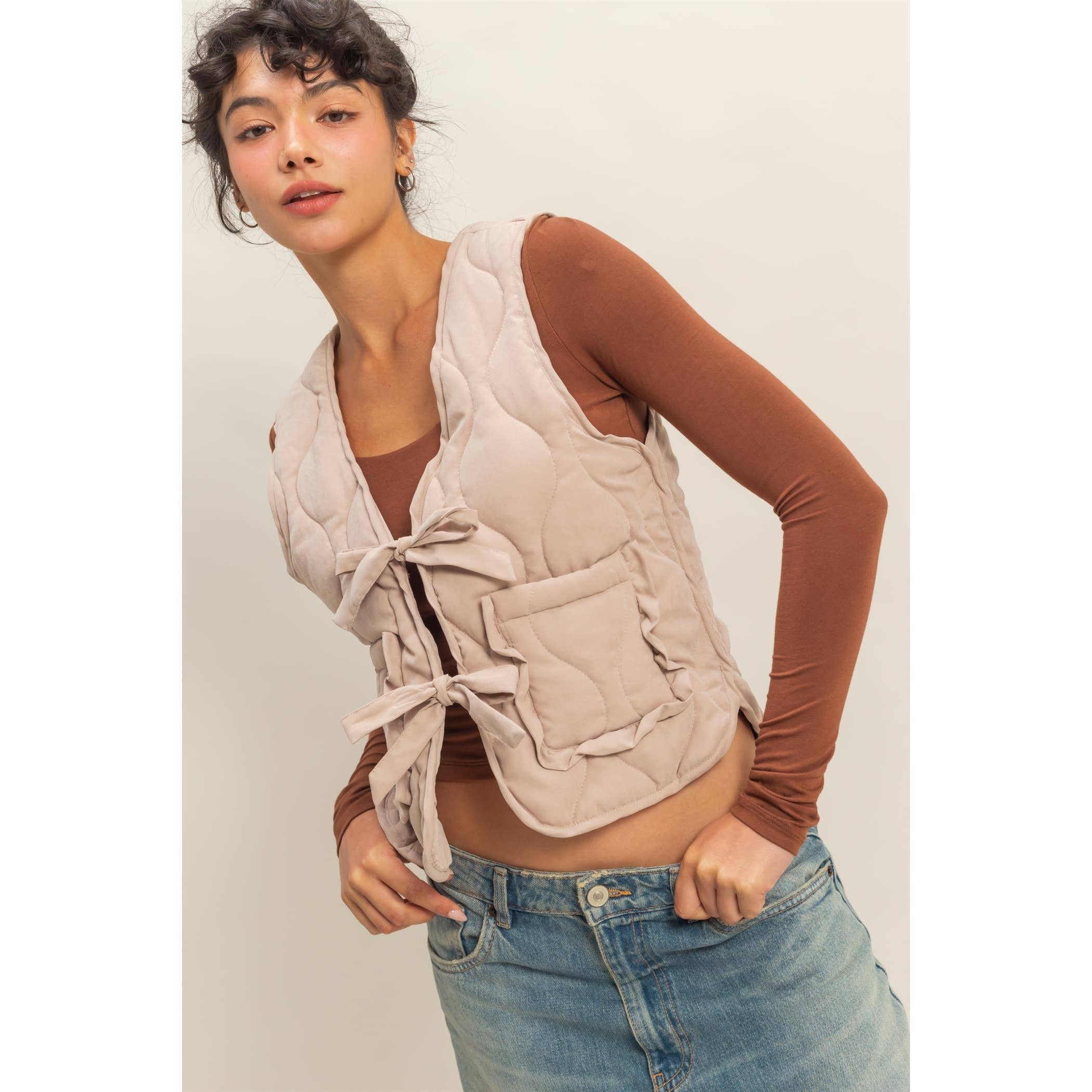 Double Zero - Wholesale Outerwear Vest - Women's - Quilted Vest With Tie-Front And Patch Pockets22