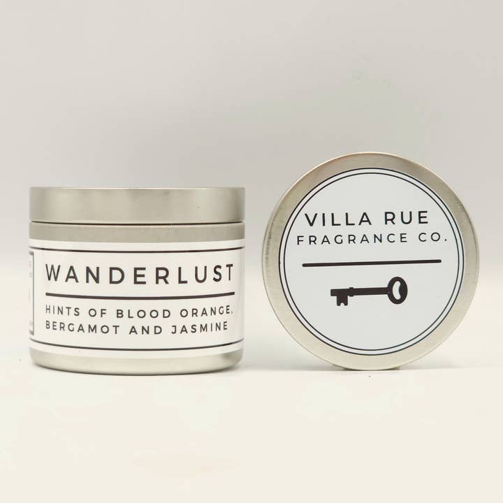 Wanderlust - Bougie de 4 oz en soja et noix de coco pour la vente par Villa Rue Fragrance Company