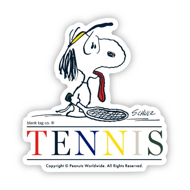Autocollant étanche Peanuts® Snoopy Tennis pour la vente par Blank Tag Co. Stickers - Waterproof Stickers