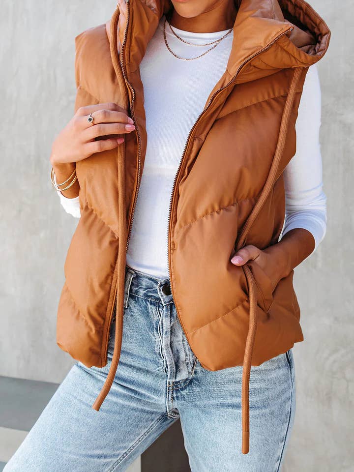 Rosa Clothing - Wholesale Outerwear Vest - Women's - Hooded Puffer Double Slip Pocket Waistcoat9