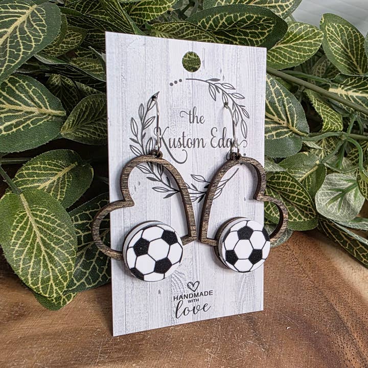 Soccer Heart Dangle Earrings, Sports Jewelry, Sports Mom for wholesale by The Kustom Edge