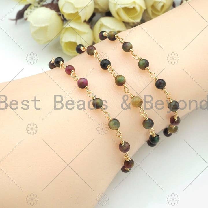 BestBeads&Beyond - Wholesale Beaded/Pearl Necklace - Multicolor/Blue/Green/Purple High Quality Tiger Eye Rosary Chain, 4mm Beaded Chain, Wire Wrapped Gold Chain,Sku#V763