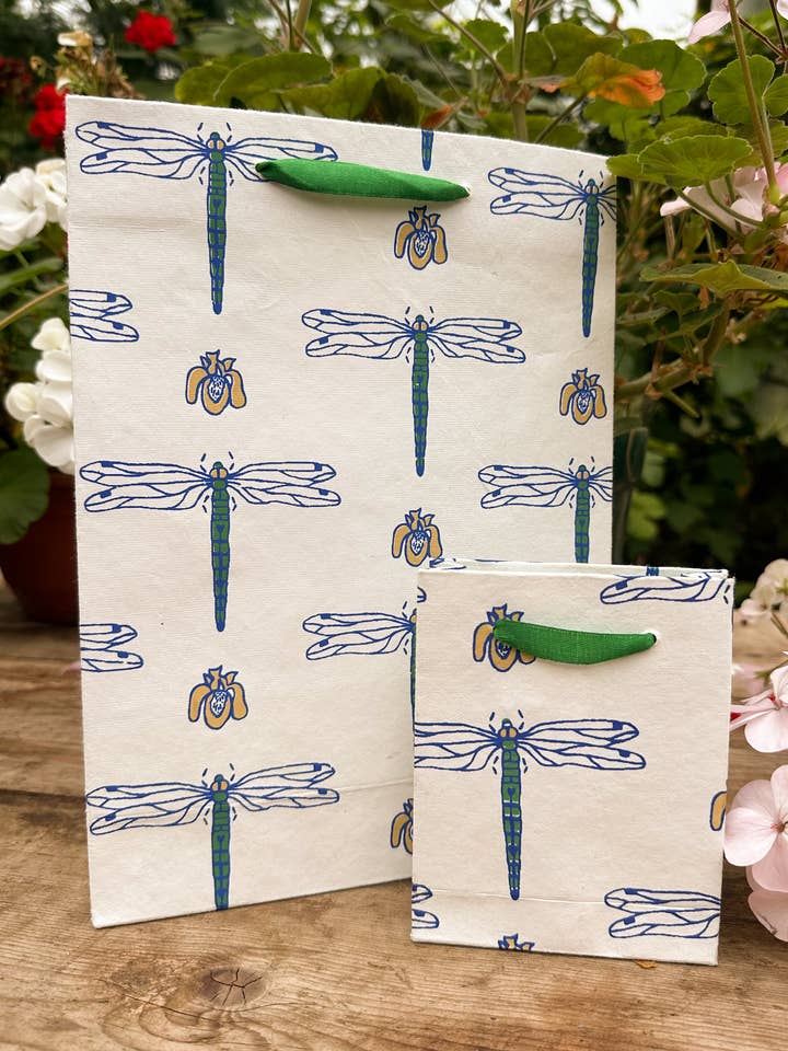 Hand Printed Recycled Paper Gift Bag 'Dragonflies' for wholesale by AARVEN