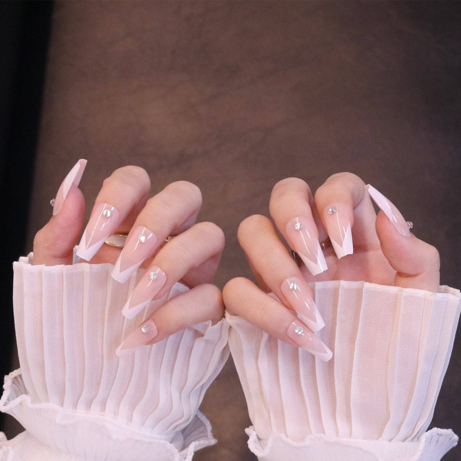 White Long Square French Tip Press On Nails with Jewels for wholesale on Faire5