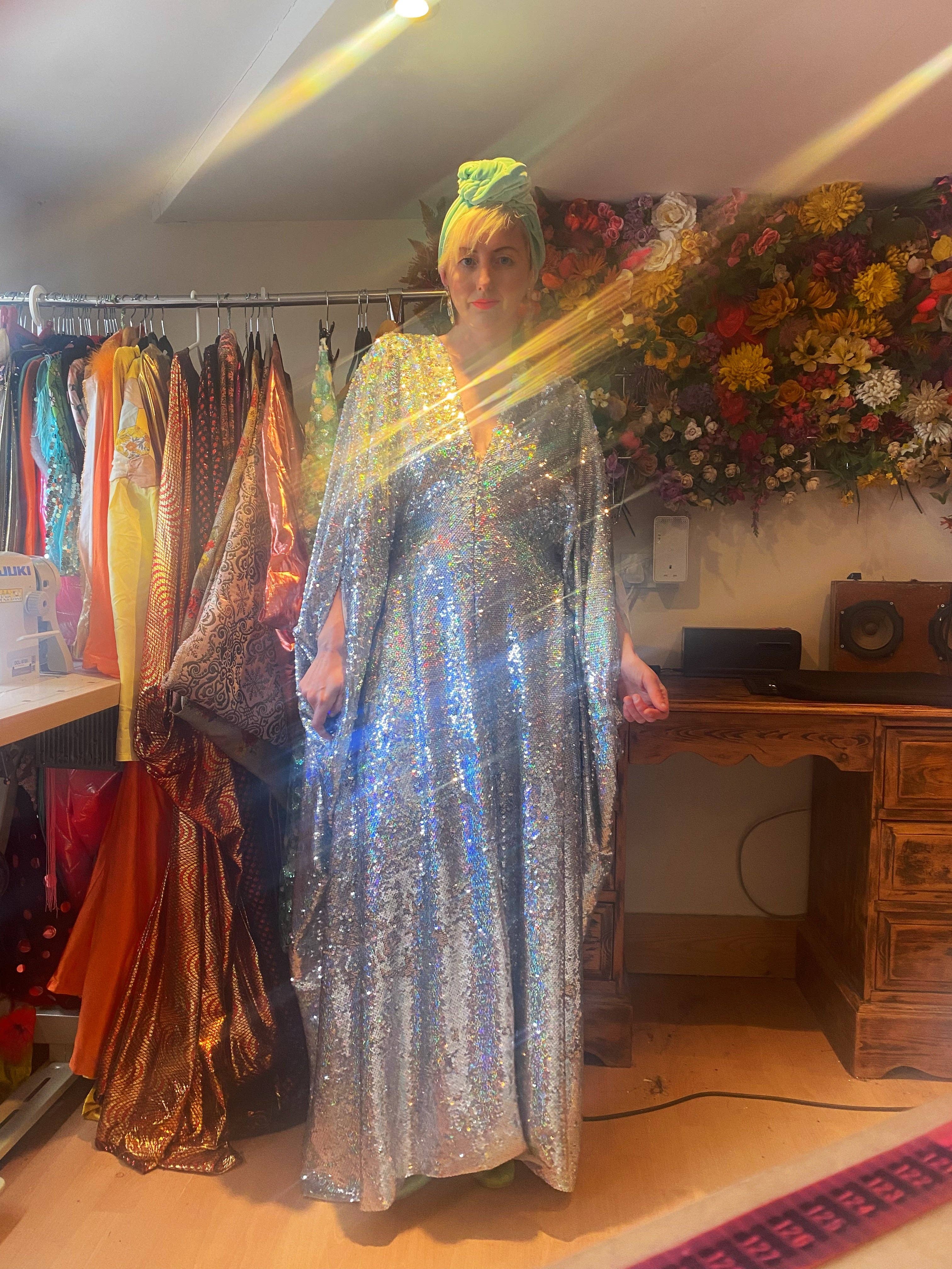 Fumbalinas – wholesale Kaftan – Women's – Silver Metallic Holographic/  Sequin Kaftan Gown / Dress51