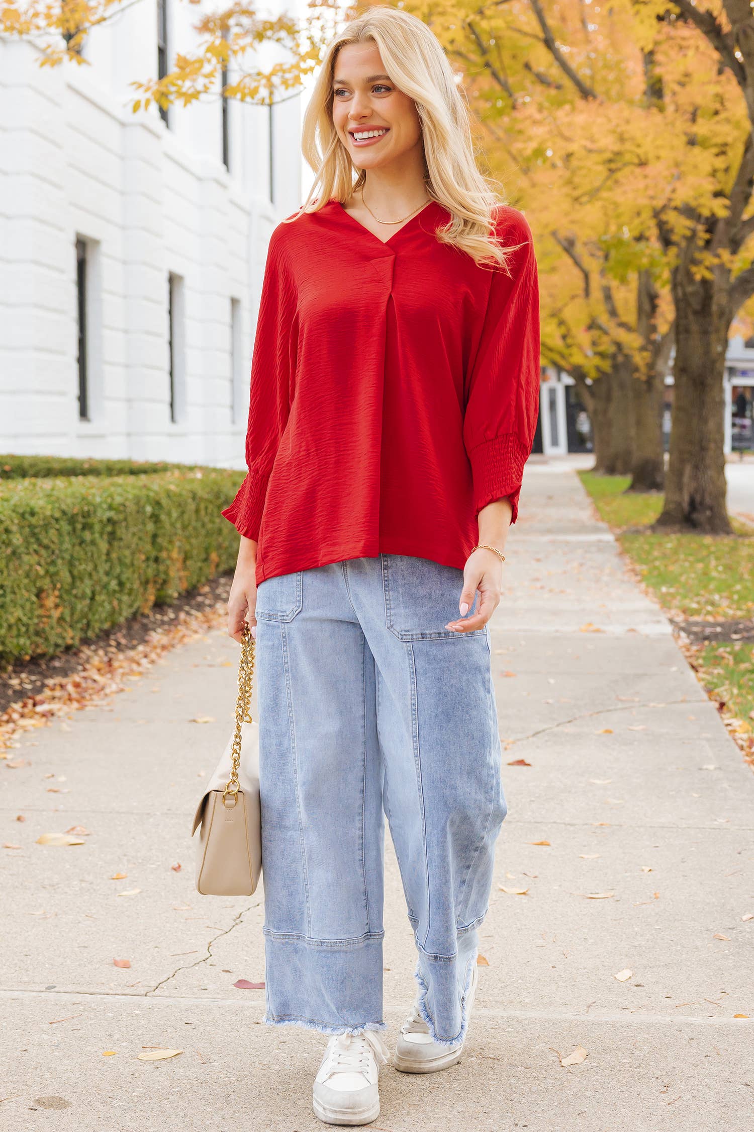 As shown Red Shirred Collared 3/4 Sleeve Oversize Tunic Top  | S-4X for wholesale on Faire4