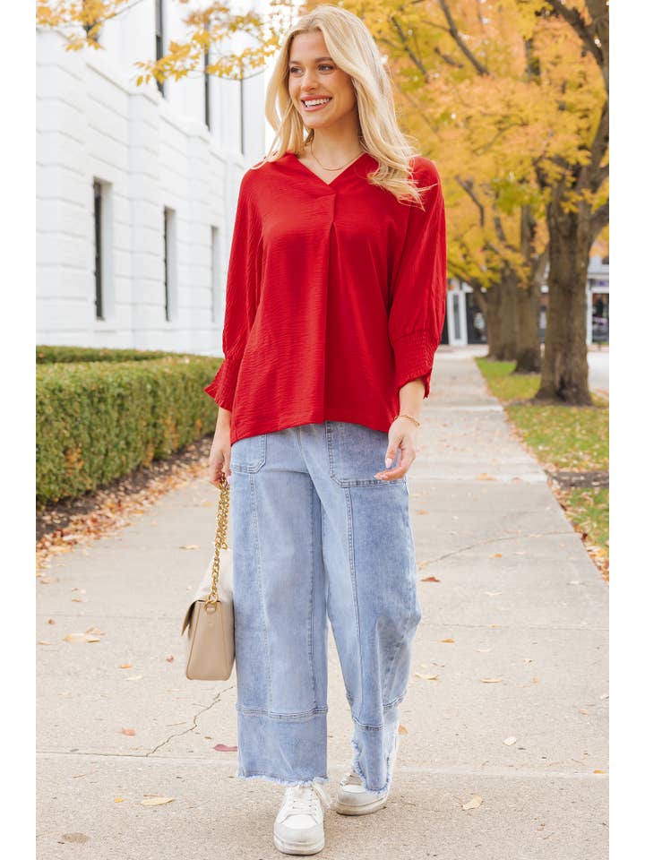 As shown Red Shirred Collared 3/4 Sleeve Oversize Tunic Top | S-4X for wholesale on Faire4