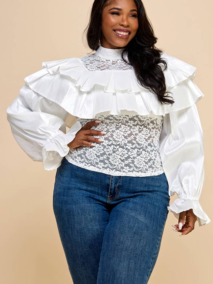 Plus Mock Neck Lace Ruffle Long Sleeve Blouse Top for wholesale by Namatt Design