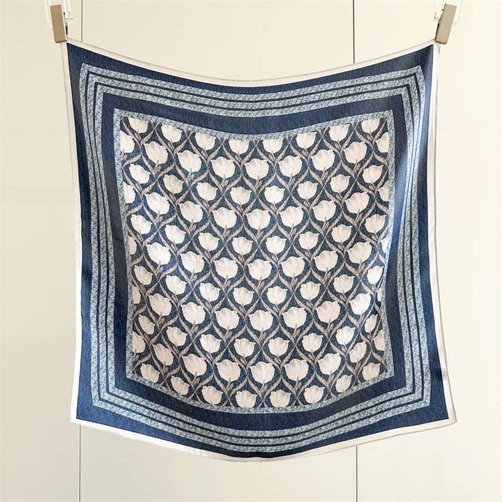 SueSilkHK – wholesale Scarf – Women's – 65cm Blue Lily of the Valley Mulberry Silk Scarf – Elegant Square Silk Shawl for Women, Fresh & Versatile Accessory5