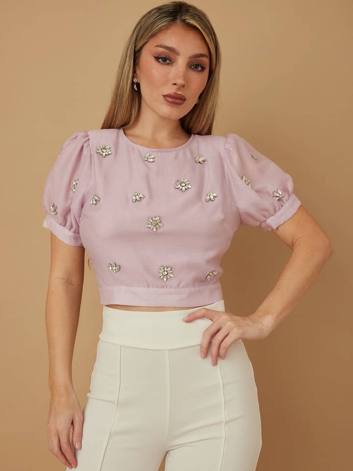 Glo Collective - Wholesale Blouse - Women's - CRYSTAL FLOWER STONES CROP TOP