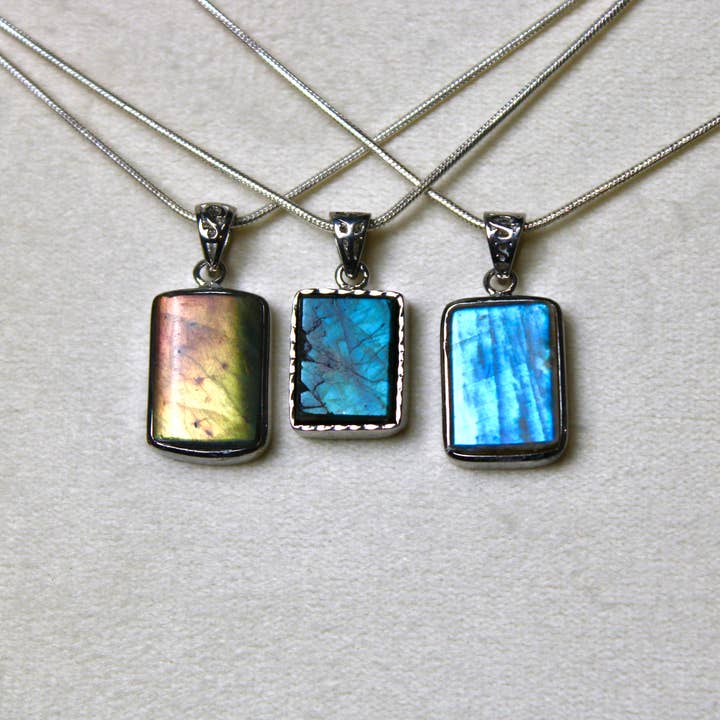Labradorite Pendant in Sterling Silver 925 – High Shine Faceted Stone Necklace, Genuine Silver Stamped Setting, You Pick Your Exact Pendant Chain Included for wholesale by EC Plugs and Gems