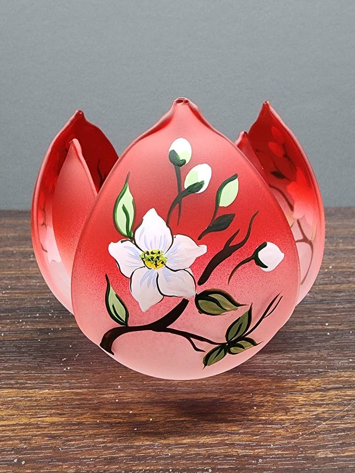 Dogwood Flower Candle Holder - Hand Made In Ukraine - Red Dogwood - Lotus Blossom - Hand Painted - Blown Glass - Tealight Candle Holder for wholesale by Glass by Iness