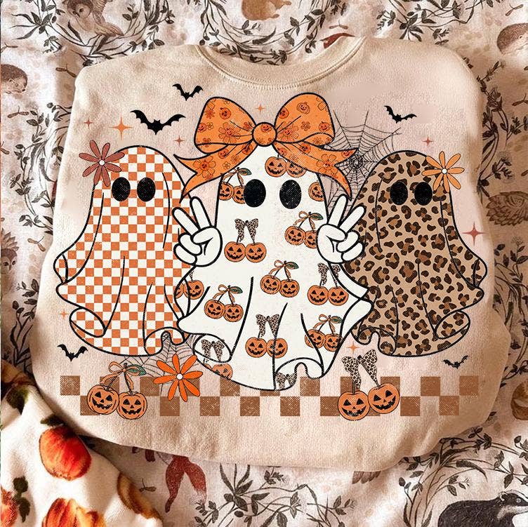 NVC Ecommerce LLC - Wholesale T-Shirt (Graphic) - Women's - Retro Leopard Pumpkin Ghost T-Shirt, Retro Ghost Sweatshirt2