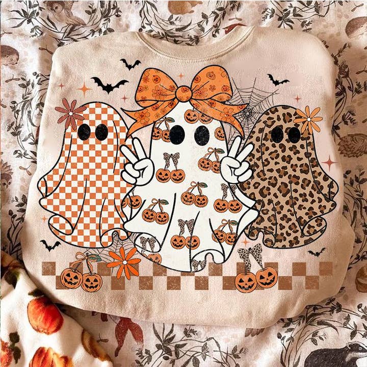 NVC Ecommerce LLC – wholesale T-shirt med logga - Dam – Retro Leopard Pumpa Spöke T-shirt, Retro Spöke Sweatshirt2