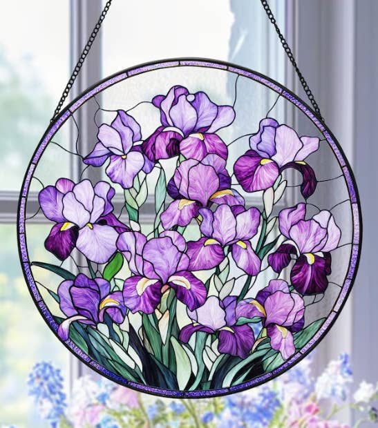 NVC Ecommerce LLC - Wholesale Suncatcher - Purple Irises Stained Glass Suncatcher, Flower Decor