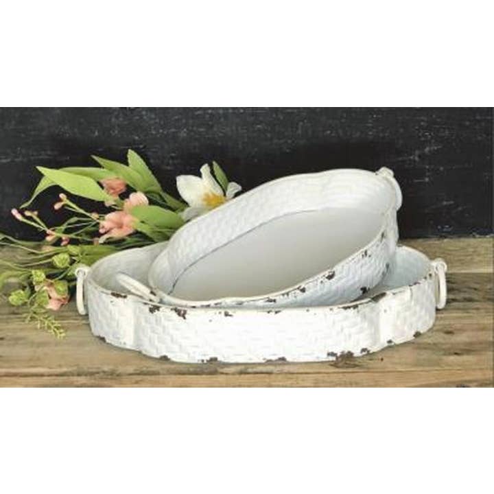 DNS Designs - Wholesale Decorative Tray - White Wicker Oval Trays w/Ring Handles (Set of 2)