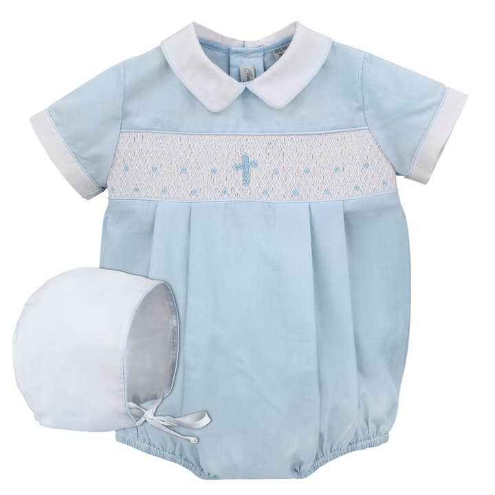 Julius Berger & Carriage Boutique - Wholesale Clothing Set - Baby - Baby Boy Hand Smocked Christening Baptism Blue Cross Romper