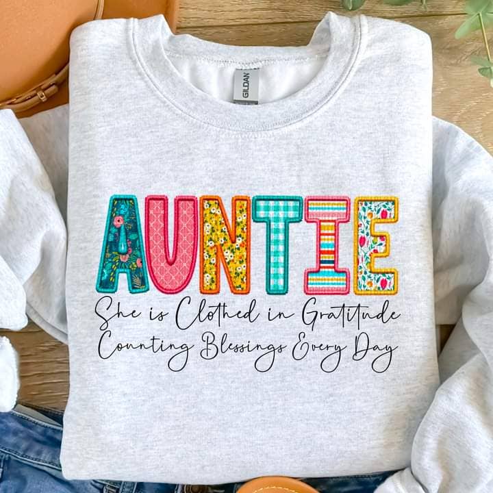 Auntie Clothed in Gratitude Tee or Crew for wholesale by Hello Sunshine Boutique