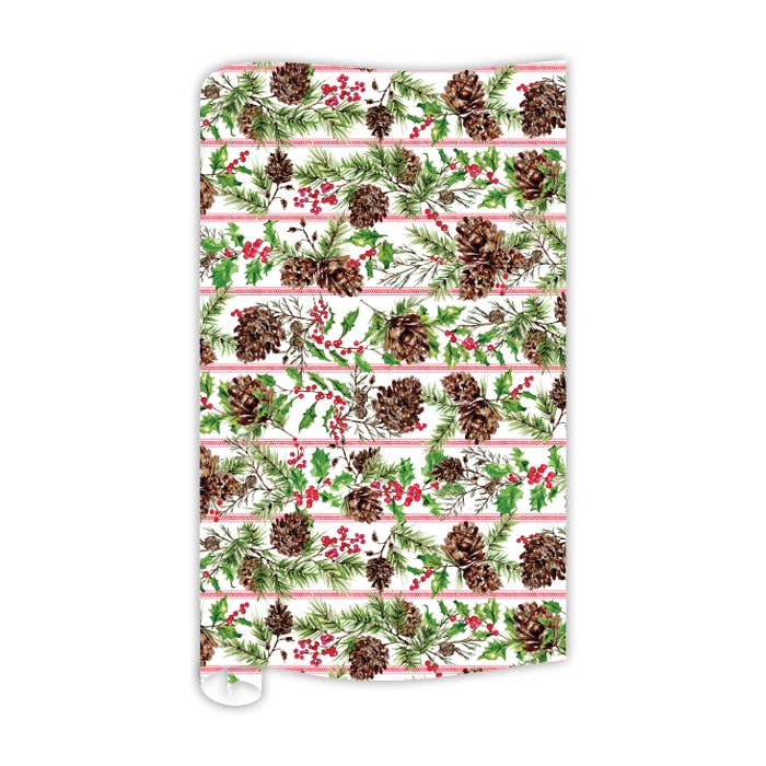 Pine Cones with Holly and Berries Stripe Wrapping Paper for wholesale by RosanneBeck Collections