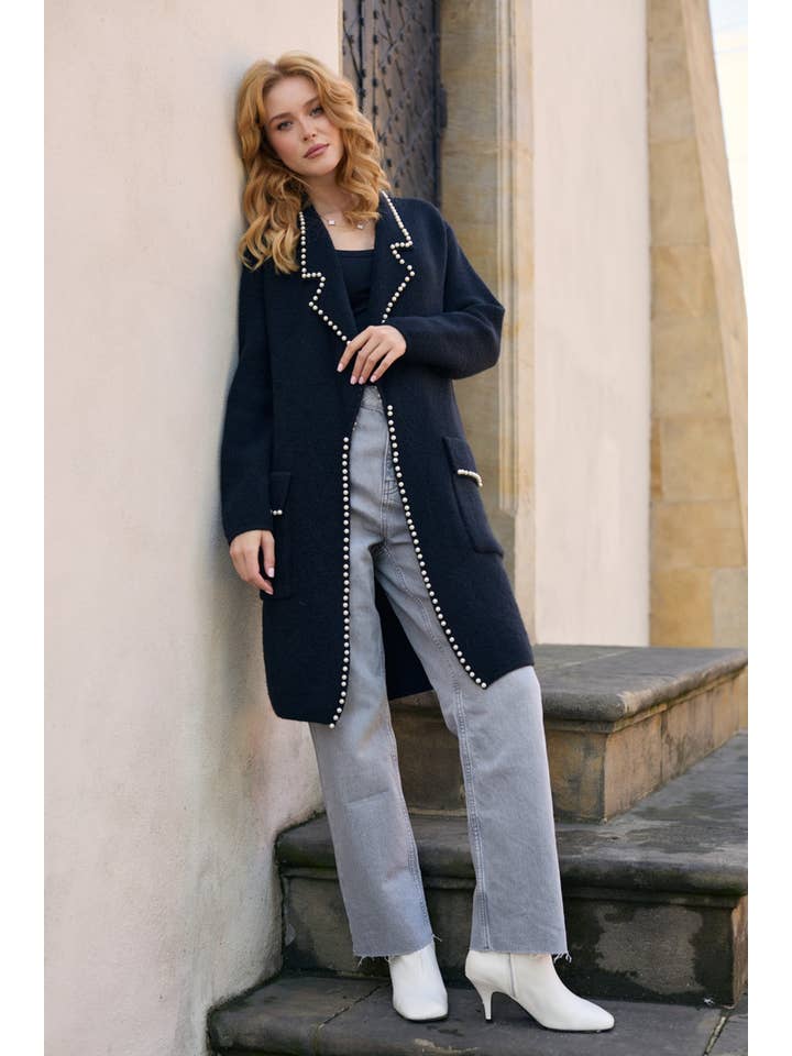 SAACHI - Wholesale Blazer - Women's - Pearl Trim Long Knit Blazer3