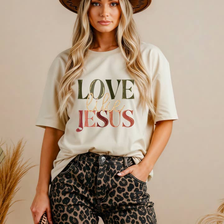 Preppy Boho Love Like Jesus Graphic Tee Faith for wholesale by Gia Gifts Boutique