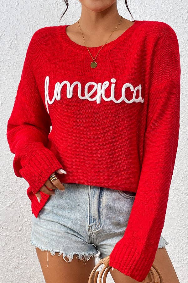 ESLEY - Wholesale Knit Sweater - Women's - W2408MY54489 - America Embroidered Crew Neck Sweaters0