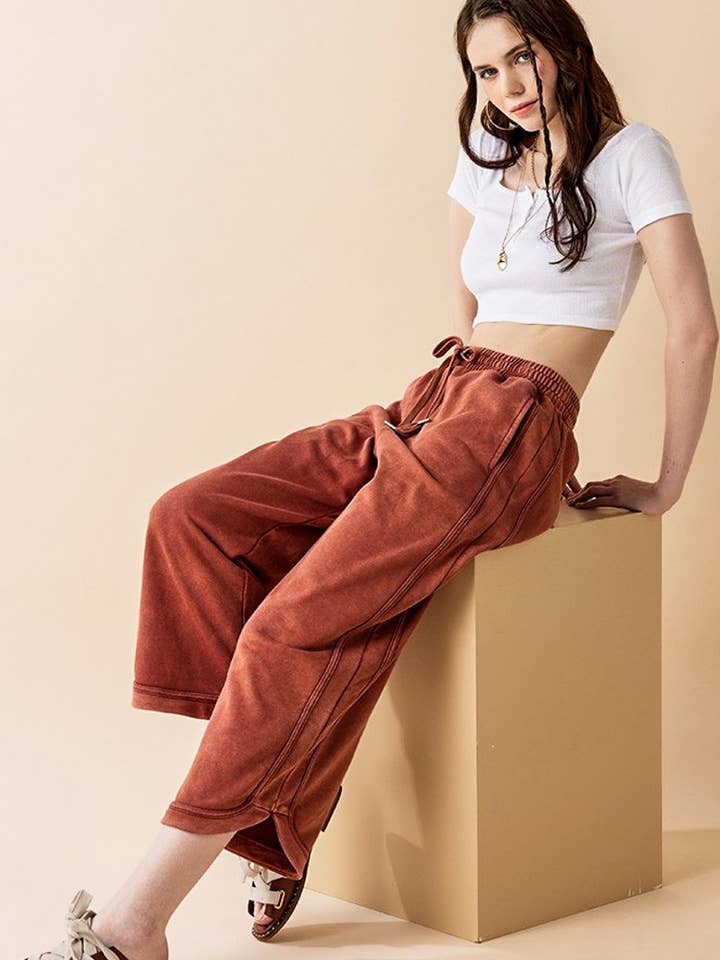 noflik - Wholesale Pants - Women's - Dolphin Tail Wide Leg Mineral Washed Pants - INP1023_2