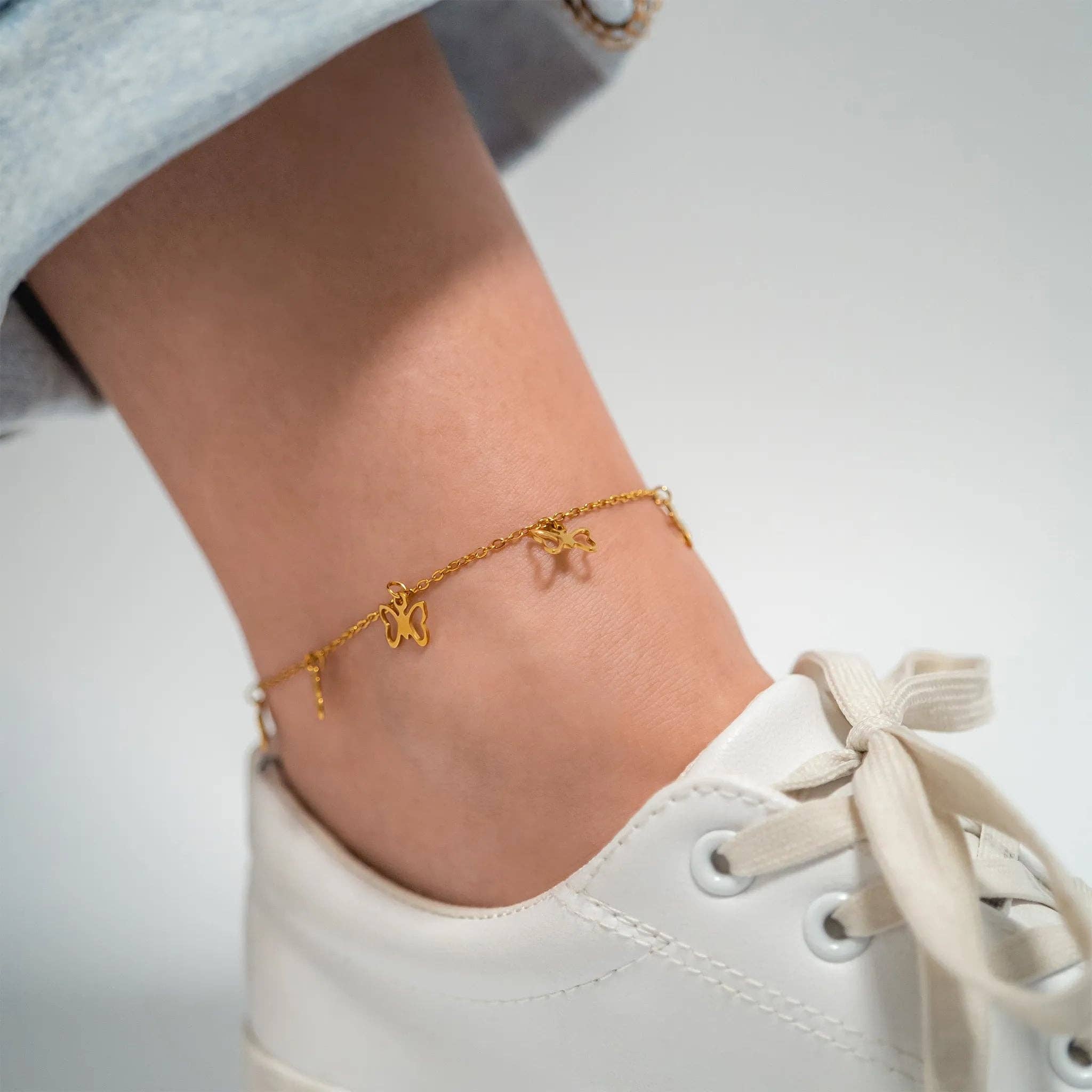 WJW - Wholesale Anklet - 18K Gold PVD Stainless Steel Butterfly Charm Anklet9