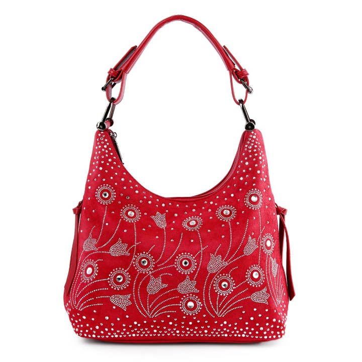 Handbag Express - Wholesale Shoulder Bag - Women's - Whimsical Rhinestone Floral Hobo Handbag