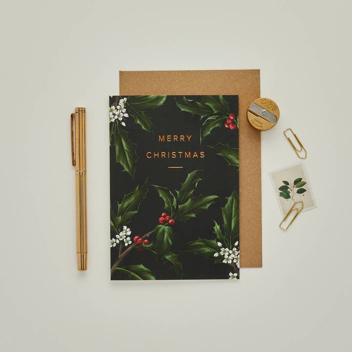 Holly Border - Black - Christmas Card - Greenery Collection for wholesale by Catherine Lewis Design