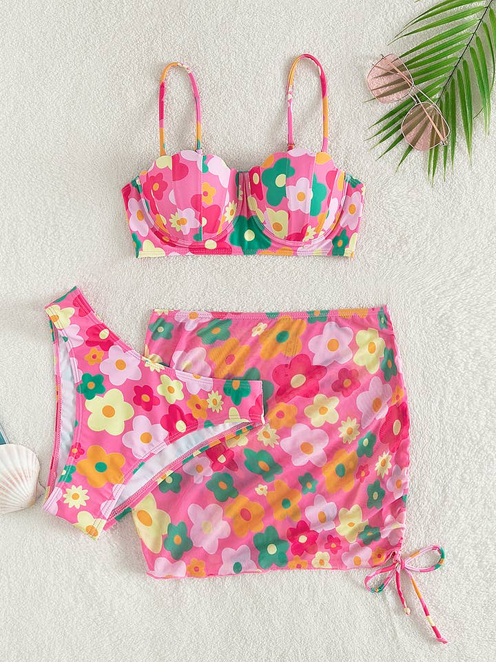 Rose red Three-piece swimsuit with pink floral split push-up skirt for wholesale on Faire6