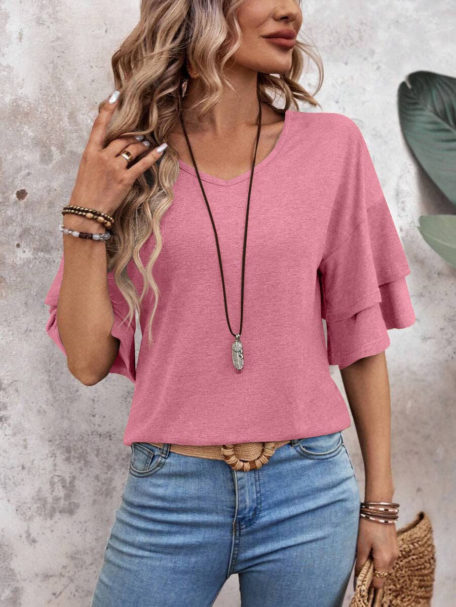 Suhkasana - Wholesale Blouse - Women's - Women's V-Neck Flutter Sleeve Top – Casual Summer T-Shirt17