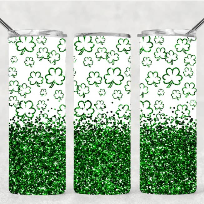 Green Glitter Shamrocks with glitter bottom Tumbler for wholesale by Allison Kay Designs Co.