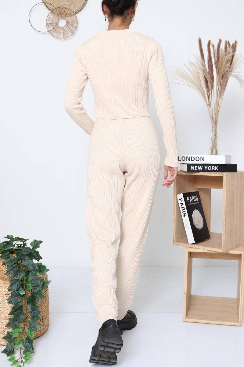 DIX-ONZE - Vente Ensemble haut et pantalon (PAS d'intérieur) - Femme - Ensemble Maille Côtelée – Top Longue Manche & Pantalon2