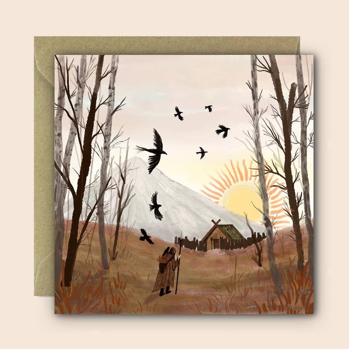 Biglietto di auguri folcloristico Wandering Odin per la vendita all'ingrosso da parte di Charis Raine Illustration