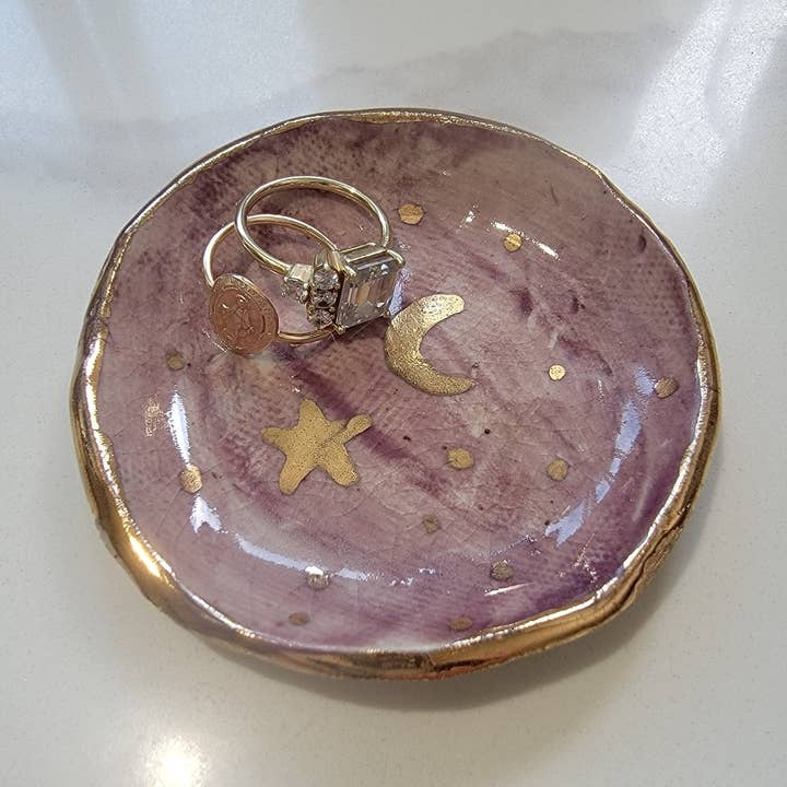 24k guldglans lilla Star Moon Universe keramisk ringskål for engroshandel hos Rough Ware