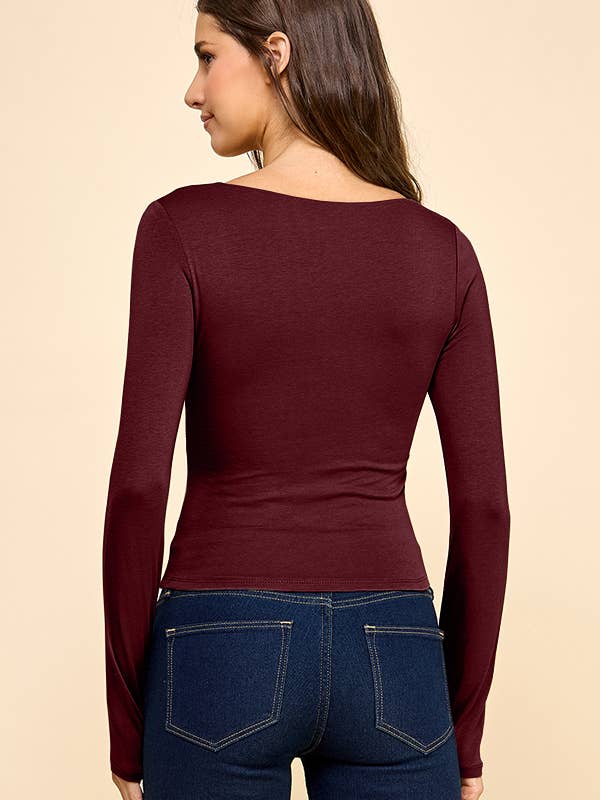 Heart & Hips - Wholesale Knit Top - Women's - Square Neck Doubled Long Sleeve Tee
