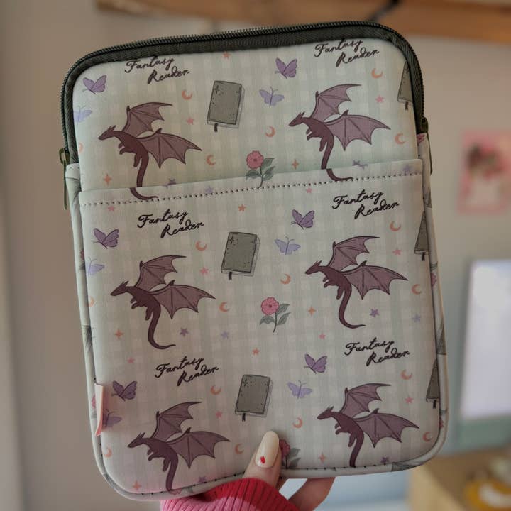 CrescentCatCo - Wholesale Pouch - Women's - Fantasy Reader Gingham Dragon Book & Kindle Sleeve Pouch