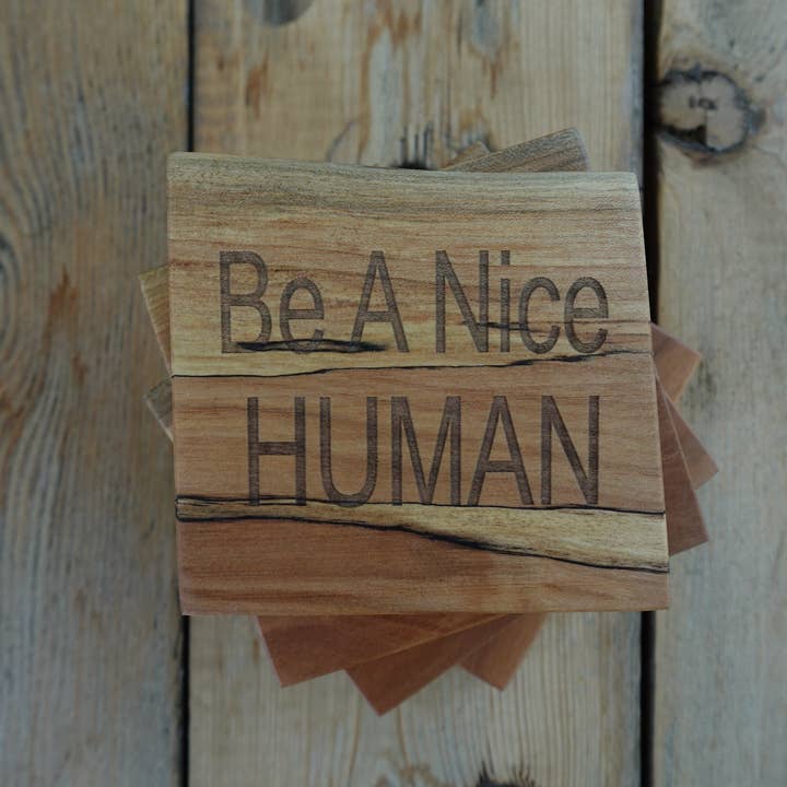 "Be A Nice Human" Wooden Coaster Set for wholesale by The Gant Collective