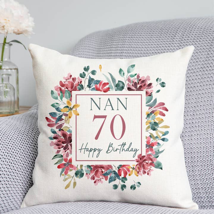 Floral 70th Birthday Cushion for wholesale by DoodlecardsBoutique