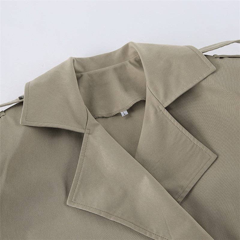 KHAKI Mid-Length Sleeve Lapel Tie-Waist Trench Coat for wholesale on Faire9