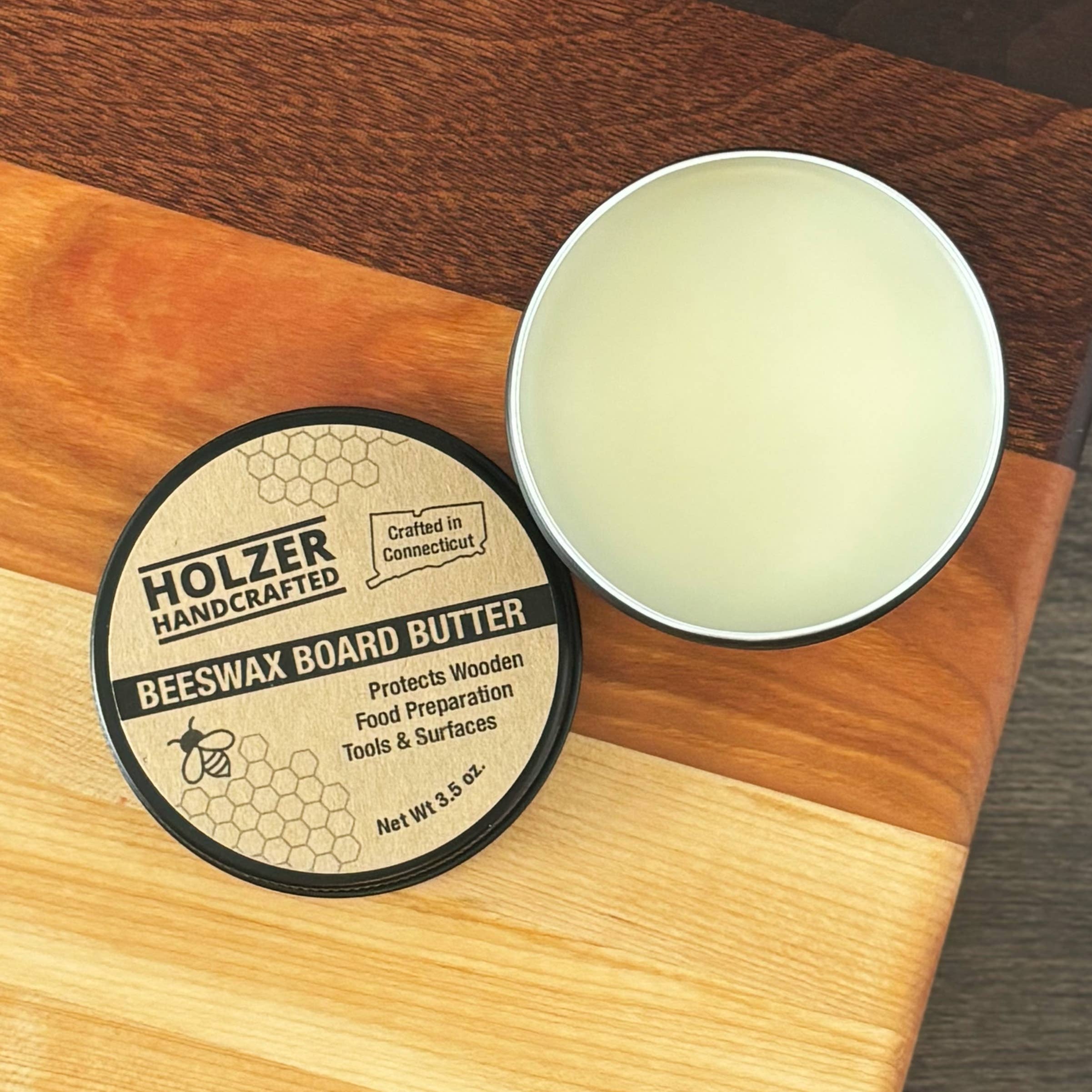 Holzer Handcrafted ® - Wholesale Wood Butter - Beeswax Board Butters for Wood Food Contact Surfaces | 3.5 oz Reusable Tin | Handmade Oil, Wax and Conditioner for Cutting Boards, Butcher Blocks, Wooden Utensils | Holzer Handcrafted 5